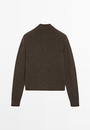 Brown knitted sweater with a high ribbed collar, long sleeves, and a regular fit. Soft texture, minimal seams, and a plain design.