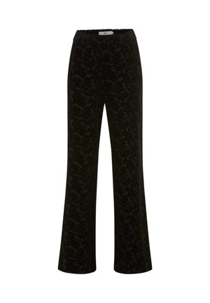 Pantaloni neri con vita elastica, caratterizzati da un delicato motivo floreale a rilievo, design a gamba larga e tessuto morbido e textured.