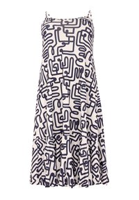 Marineblaues abstraktes Muster auf einem cremefarbenen Hintergrund, ärmelloses Kleid mit ausgestelltem Saum und dünnen Trägern, aus einem leichten Stoff gefertigt.