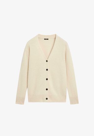 Cardigan beige clair en tissu doux, avec un col en V profond, des manches longues et six boutons noirs sur le devant.