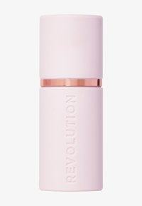 Rosa sylinderformet beholder med matt finish, gullfarget aksentbånd og preget "REVOLUTION" merkevare på siden.