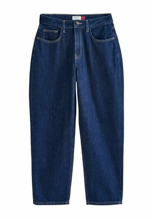 Tumed siniseid denim teksaseid sirge säärega, viie tasku stiiliga ja nähtavate õmblustega. Nööbiga sulgemine taljes.
