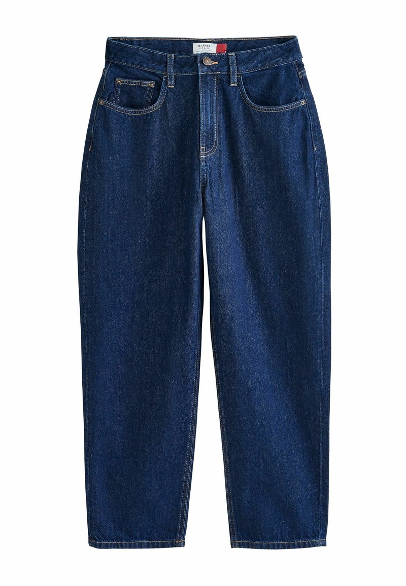 Jeans din denim de culoare albastru închis, cu un design cu picior drept, stilizare cu cinci buzunare și detalii de cusătură vizibile. Închidere cu nasture la talie.