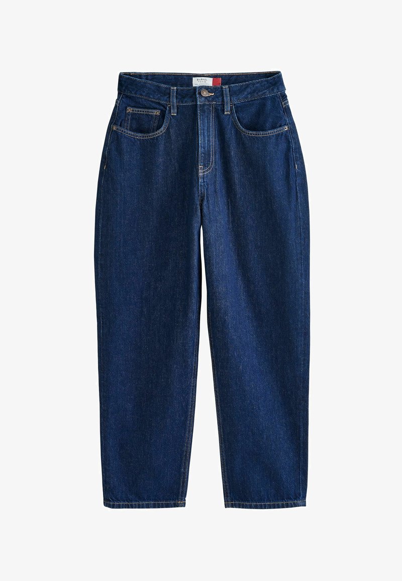 Tumed siniseid denim teksaseid sirge säärega, viie tasku stiiliga ja nähtavate õmblustega. Nööbiga sulgemine taljes.