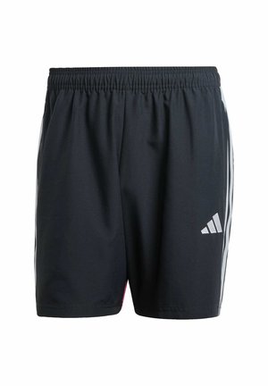 Black athletic shorts made of lightweight fabric, featuring an elastic waistband, three white stripes on the sides, and a small logo.