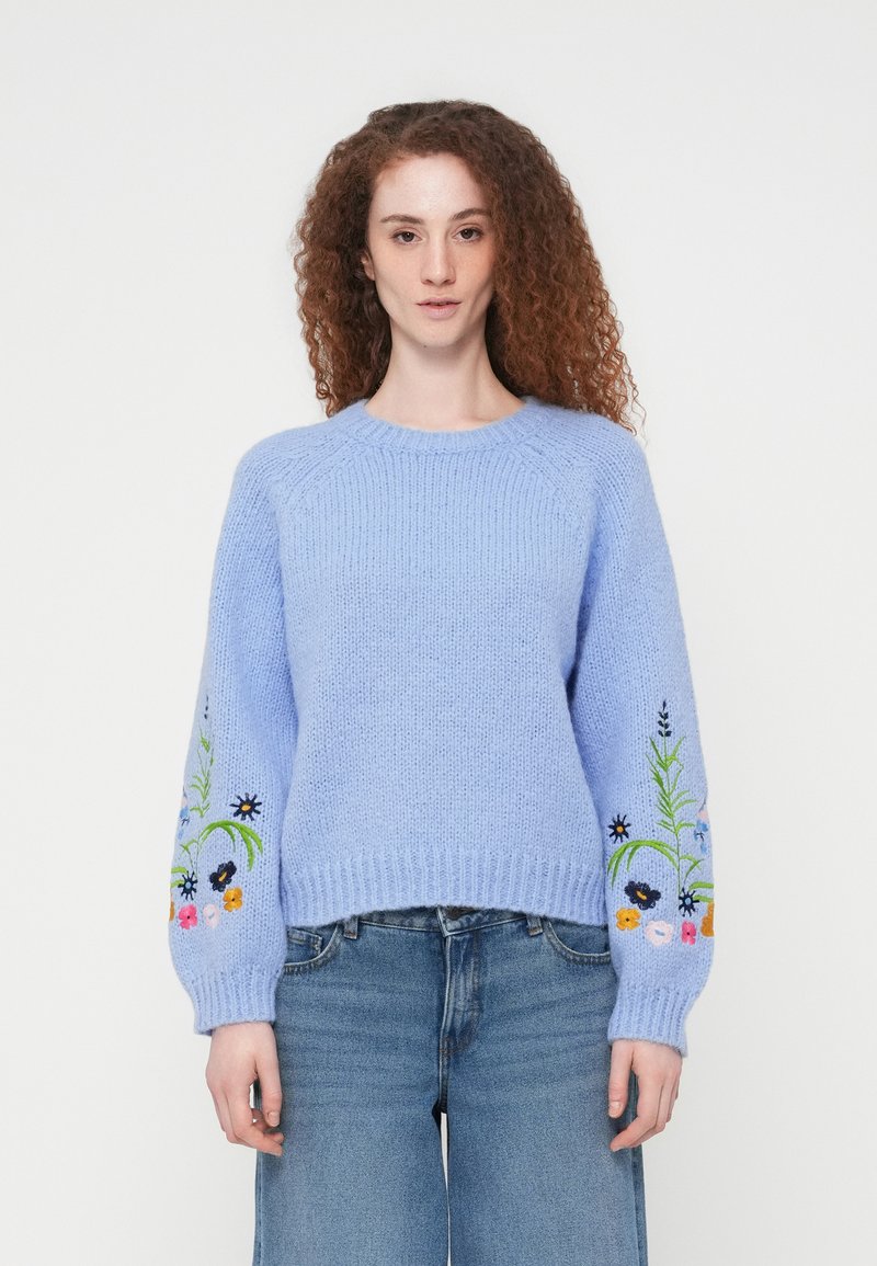 Pull en maille bleu clair avec un col rond côtelé et des manches longues, orné d'une broderie florale colorée sur les manches. Texture douce.