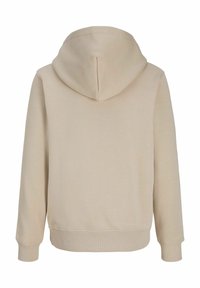 Sweat à capuche beige manches longues avec poignets et ourlet côtelés, montré de dos, design uni sans logos ni motifs apparents.