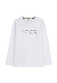 Witte lange mouwen T-shirt van katoen, met een groot, getextureerd groen logo "BOSS" in het midden op de voorkant. Ronde halsontwerp.