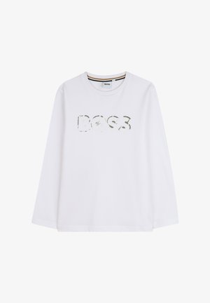 T-shirt blanc à manches longues en coton, avec un grand logo vert texturé "BOSS" centré à l'avant. Design à col rond.