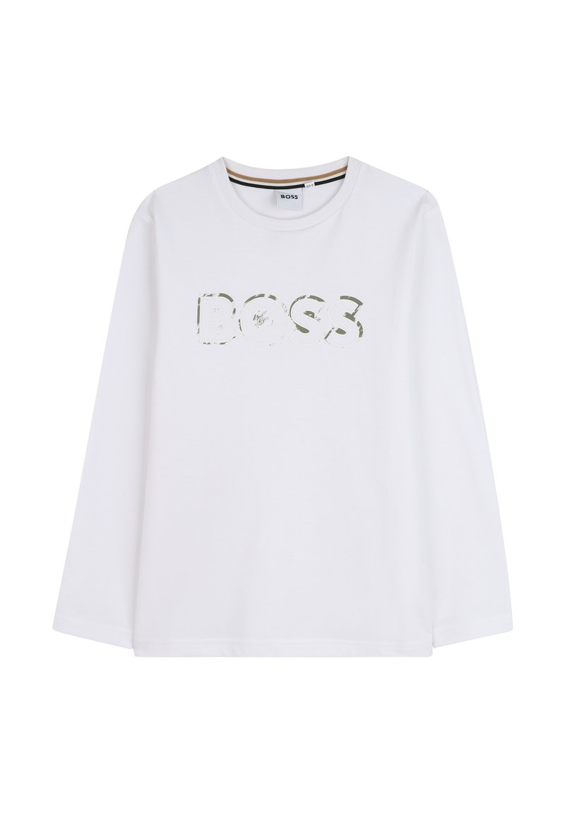 Witte lange mouwen T-shirt van katoen, met een groot, getextureerd groen logo "BOSS" in het midden op de voorkant. Ronde halsontwerp.