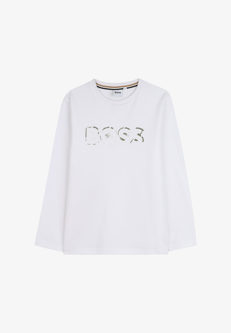 T-shirt blanc à manches longues en coton, avec un grand logo vert texturé "BOSS" centré à l'avant. Design à col rond.
