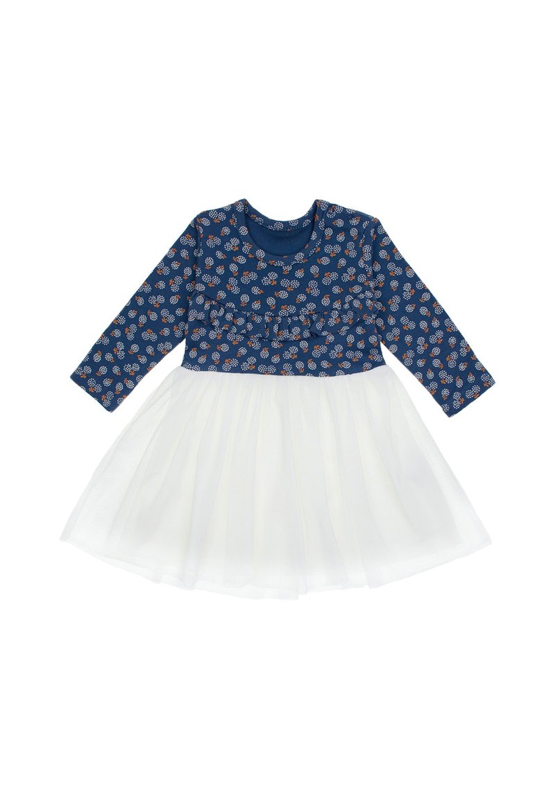 Granatowa sukienka z długimi rękawami, wzorzysta góra z małymi liśćmi oraz biała spódnica z tiulu. Marszczenie w talii. Miękki bawełniany materiał.