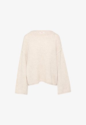 Cremefarbener gestrickter Pullover mit lockerem Schnitt, weitem Halsausschnitt und langen Ärmeln. Weiche Textur und dezentes Muster auf der Stoffoberfläche.