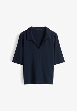 Navyblaues Kurzarmhemd mit offenem Kragen und V-Ausschnitt, gerader Saum, flach auf weißem Hintergrund präsentiert.