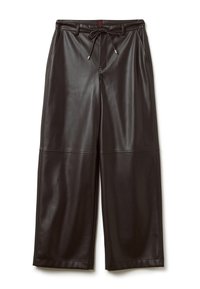 Pantalons larges en simili cuir noir avec une taille à cordon, texture lisse et coutures contrastées.