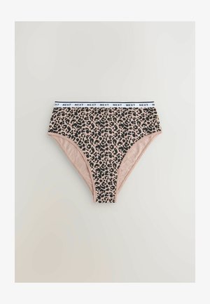 Leopard print bikini briefs with a smooth pink underside, featuring a white branded elastic waistband. Cotton material with a stretch fit.