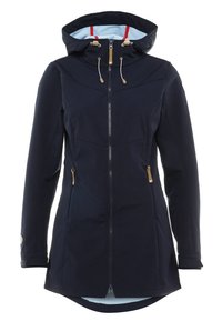 Veste softshell marine avec capuche, doublure bleu clair, zips dorés, cordons de serrage et ourlet arrondi.