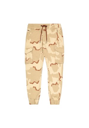 Beige camouflage cargo pants with brown accents, elastic waistband with drawstring, and side pockets. Soft fabric with elastic cuffs.