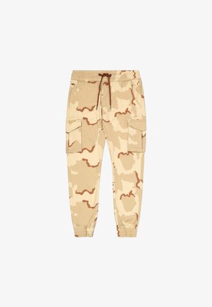 Pantalones cargueros de camuflaje beige con detalles marrones, cintura elástica con cordón y bolsillos laterales. Tela suave con puños elásticos.