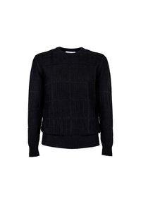 Czarny sweter z fakturowanym geometrycznym wzorem, z prążkowanym dekoltem i dołem, posiadający długie rękawy i dopasowane mankiety. Wykonany z lekkiego materiału dzianinowego.
