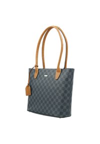 Gray patterned tote bag with synthetic material, brown leather handles, and matching tag. Features a structured shape and firm base.