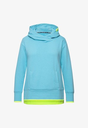 Hellblaue Kapuzenjacke mit Kragen, Kängurutasche und fluoreszierenden grünen Akzenten am Saum und an den Ärmeln. Weicher Stoff.