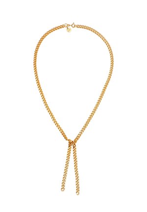 Collana a catena color oro caratterizzata da due sezioni di catena parallele, un nodo ad anello al centro e una lunghezza regolabile per lo styling.