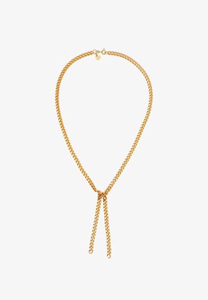 Collana a catena color oro caratterizzata da due sezioni di catena parallele, un nodo ad anello al centro e una lunghezza regolabile per lo styling.