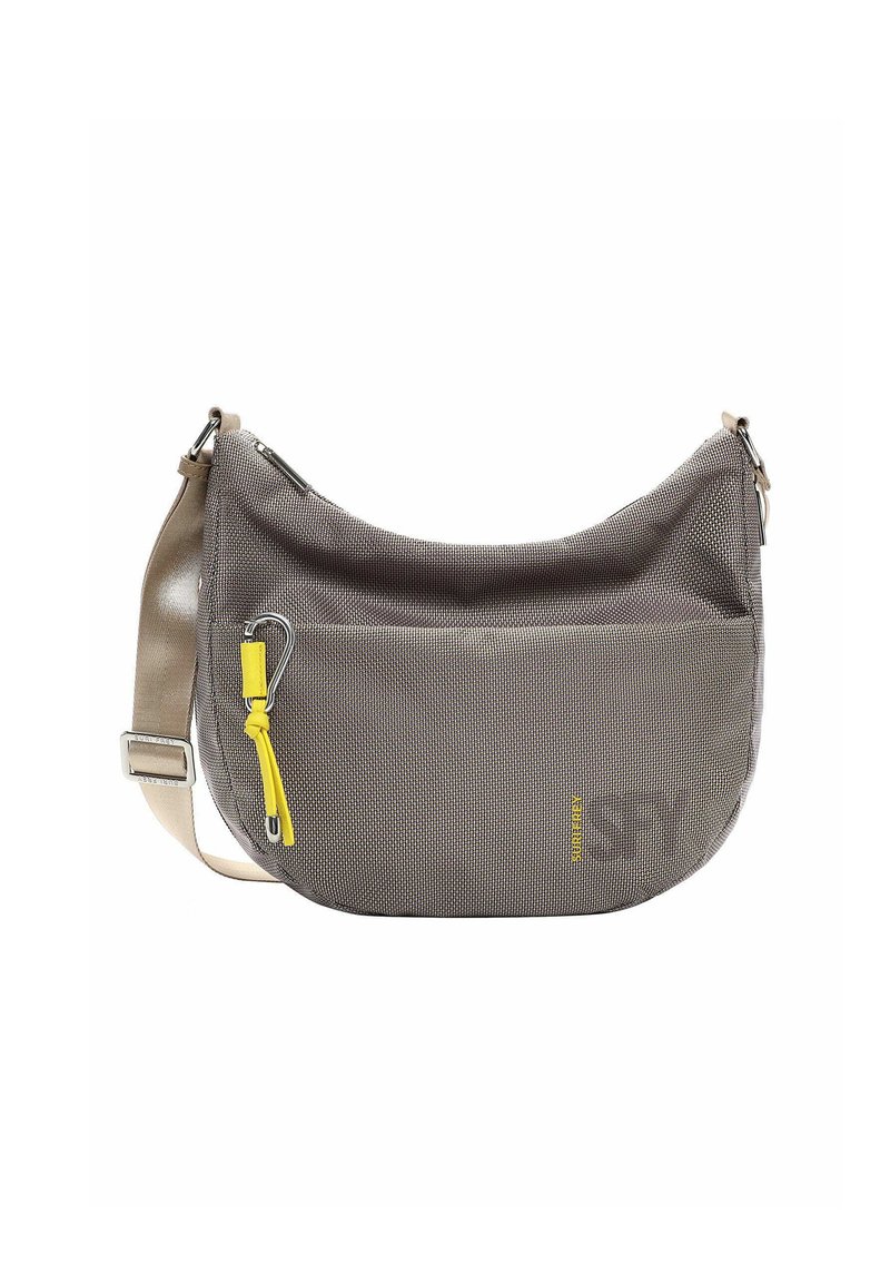 Borsa hobo in tessuto grigio con finitura testurizzata, tracolla regolabile beige, accessori in argento e zip con tirante giallo.
