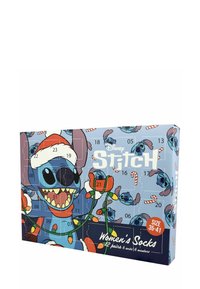 Adventskalender-Box mit Stitch in einem Santa-Hut, auf einem blauen Hintergrund mit Zuckerstangen, die verschiedene Designs zeigt. Größe: 35-41.
