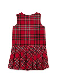 Rotes kariertes Kleid mit ärmellosem Design, plissiertem Rock und Reißverschluss auf der Rückseite. Verfügt über schwarze und gelbe Akzente im Karomuster.