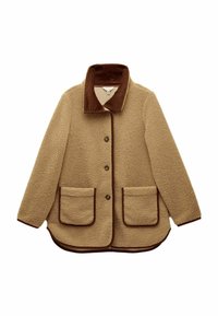 Kohvipruunist fliisist jakker, millel on pruuni korduroo krae, kolm nuppu, kaks esimest taskut ja pruun ääristus. Pehme tekstuur, mugav lõige.