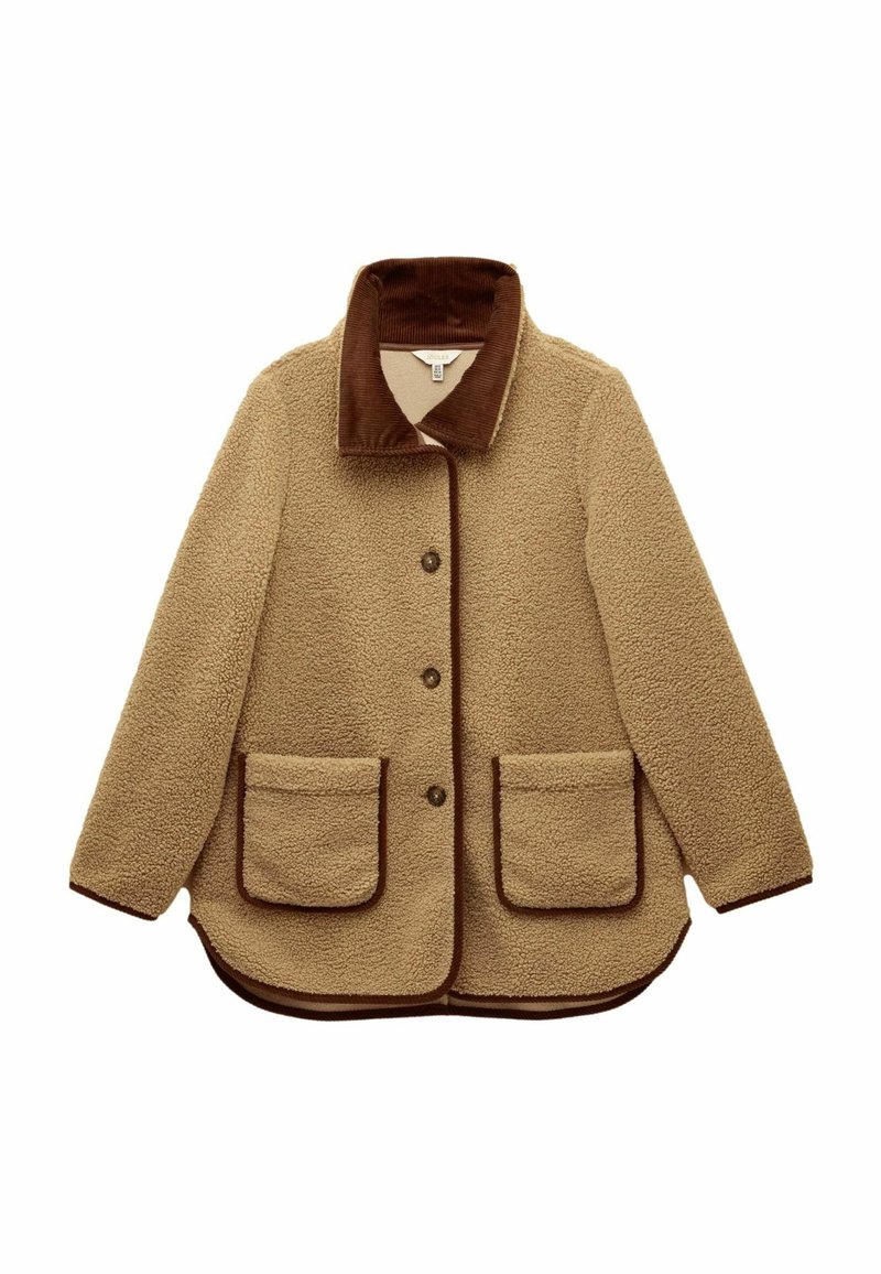 Kohvipruunist fliisist jakker, millel on pruuni korduroo krae, kolm nuppu, kaks esimest taskut ja pruun ääristus. Pehme tekstuur, mugav lõige.