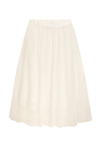 Tüll-Midirock in Off-White mit tailliertem Bund, fließender A-Linie und transparenter Textur, geeignet für verschiedene Anlässe.