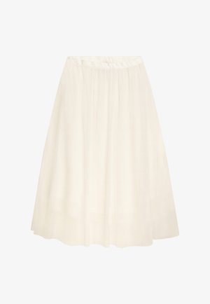 Tüll-Midirock in Off-White mit tailliertem Bund, fließender A-Linie und transparenter Textur, geeignet für verschiedene Anlässe.