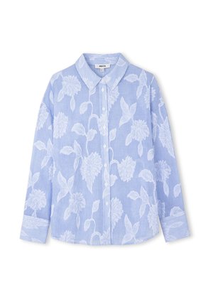 Light blue button-up shirt with white floral pattern, striped fabric texture, collar, and long sleeves with cuffs.