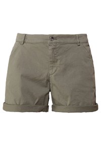 Pantaloni corti in cotone khaki con risvolti, chiusura con un bottone e tasche frontali. Presentano una finitura testurizzata e cuciture pulite.