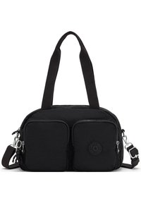 Borsa nera in nylon con due tasche frontali con zip, manici superiori e una tracolla regolabile. Presenta una patch rotonda con il logo sulla parte anteriore.
