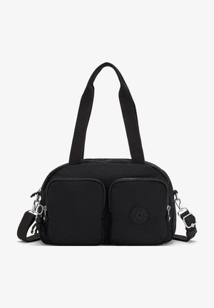 Borsa nera in nylon con due tasche frontali con zip, manici superiori e una tracolla regolabile. Presenta una patch rotonda con il logo sulla parte anteriore.