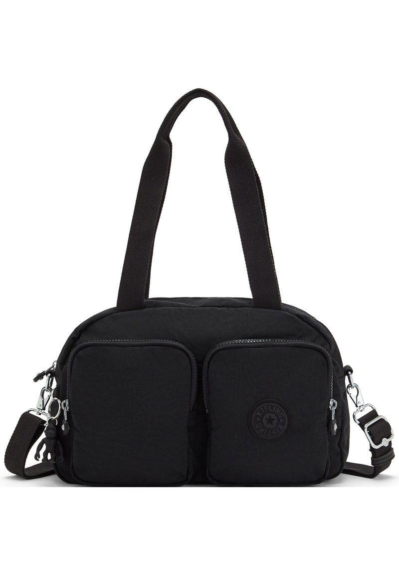Borsa nera in nylon con due tasche frontali con zip, manici superiori e una tracolla regolabile. Presenta una patch rotonda con il logo sulla parte anteriore.