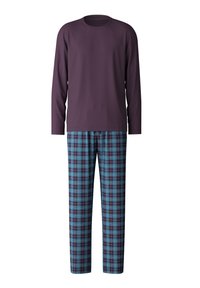 Haut à manches longues de couleur violet profond associé à un pantalon à carreaux bleu et bordeaux. Les pantalons ont une coupe décontractée et une texture douce et lisse.
