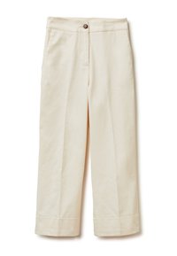 Crème gekleurde wijde broek van zacht materiaal, met een sluiting aan de voorkant met knoop, riemlussen en zijzakken. Gladde textuur.