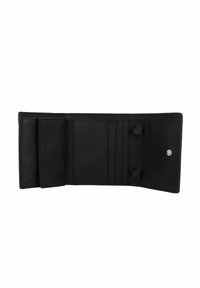 Billetera de cuero negro con múltiples ranuras para tarjetas, un bolsillo para monedas y un cierre de presión. Textura suave y diseño minimalista. El interior está completamente forrado.