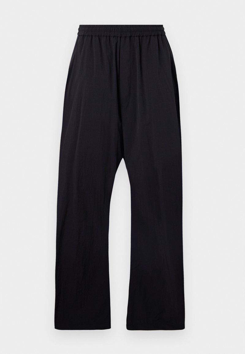 Pantalon noir coupe ample avec taille élastique et jambes droites, conçu pour un port décontracté ou confortable.