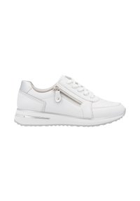 Des baskets blanches avec un dessus en cuir, des accents texturés, une fermeture éclair sur le côté et un contrefort argenté. Semelle en caoutchouc pour une adhérence et un soutien.