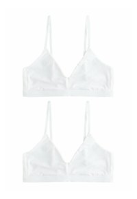 Biely, jemný bralet s trojuholníkovými pohármi, tenkými nastaviteľnými ramienkami a širokým pásom na spodnej strane. Bez vypchávok a kostíc.