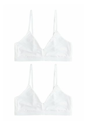 Weiße, weiche Stoff-Bralette mit dreieckigen Cups, dünnen verstellbaren Trägern und einem breiten Bund am unteren Ende. Ohne Polsterung oder Unterdraht.
