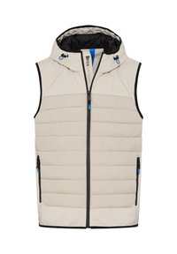 Gilet imbottito beige con cappuccio, dotato di zip frontale, due tasche laterali e rifiniture nere. Dettagli blu sulle zip. Texture liscia.