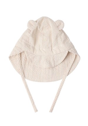 Beige-valkoinen raidallinen vauvan aurinkohattu, jossa on kaksi pientä kangaskorvaa ja pitkät nauhat leuan alle kiinnitettäväksi.
