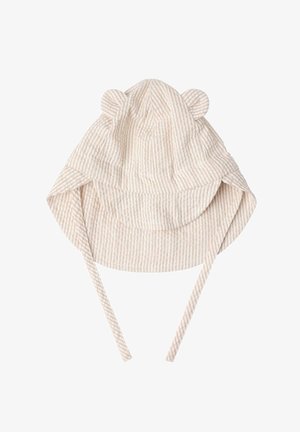 Beige-valkoinen raidallinen vauvan aurinkohattu, jossa on kaksi pientä kangaskorvaa ja pitkät nauhat leuan alle kiinnitettäväksi.